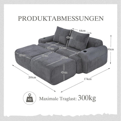 Cord Sofa 2-Sitzer mit Hockern | Getränkehalter & Stauraum