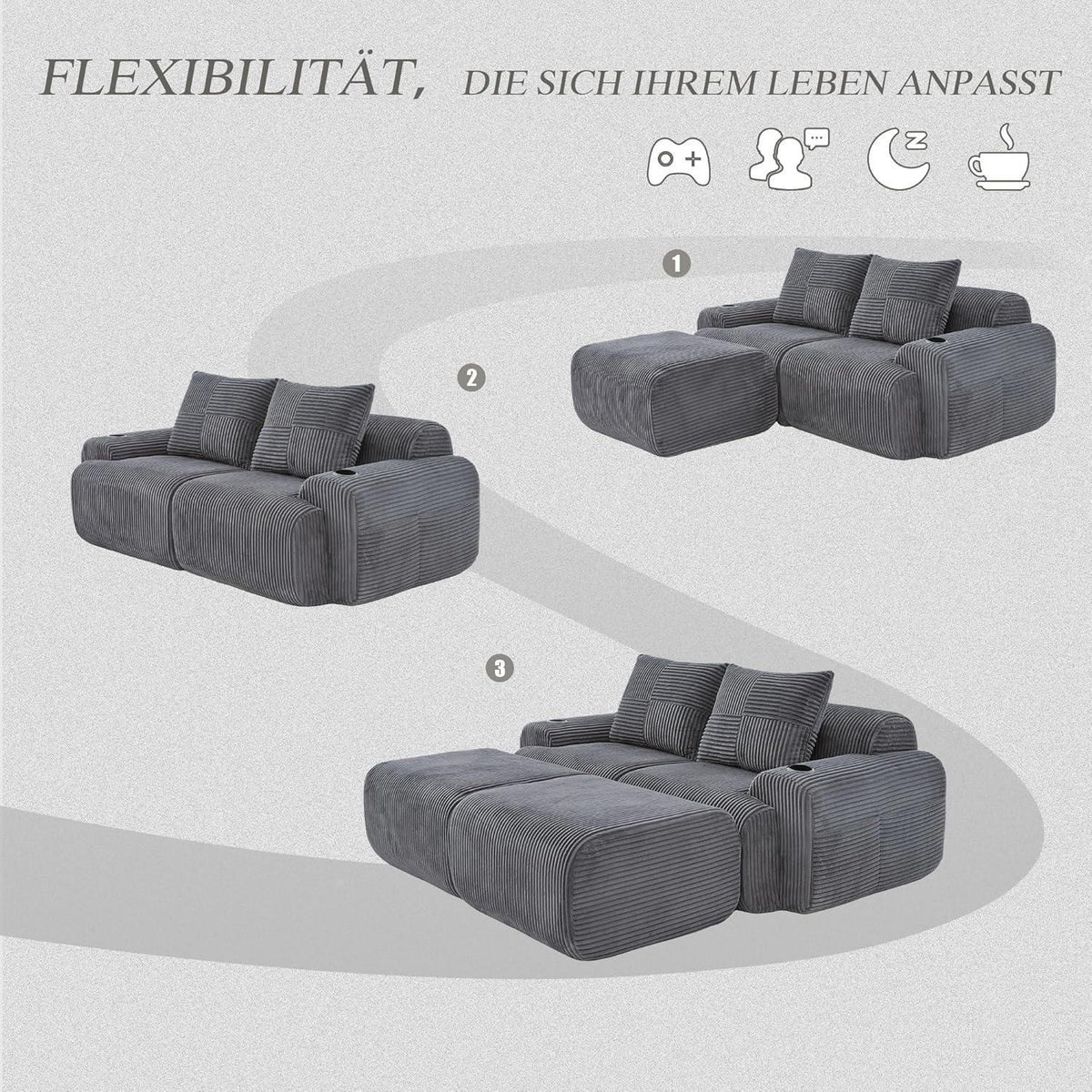 Cord Sofa 2-Sitzer mit Hockern | Getränkehalter & Stauraum