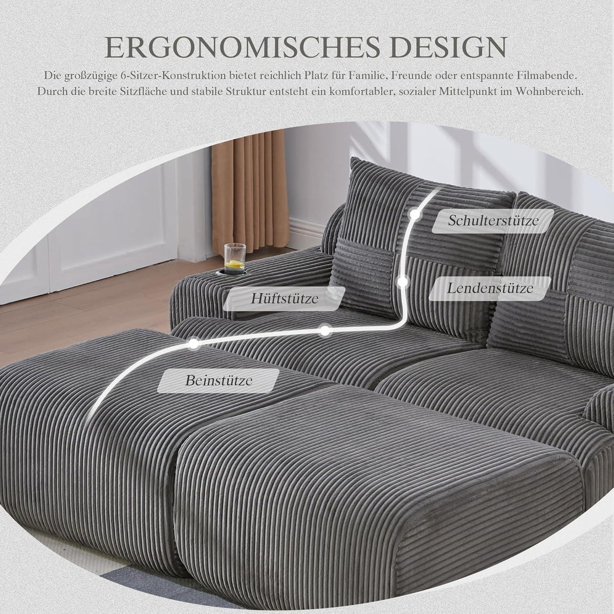 Cord Sofa 2-Sitzer mit Hockern | Getränkehalter & Stauraum