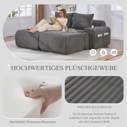 Cord Sofa 2-Sitzer mit Hockern | Getränkehalter & Stauraum