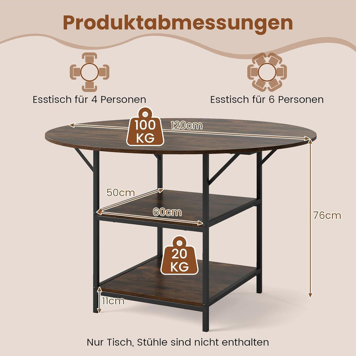 Runder Esstisch Holz 120cm mit Ablage & Metallbeinen – Vintage Braun