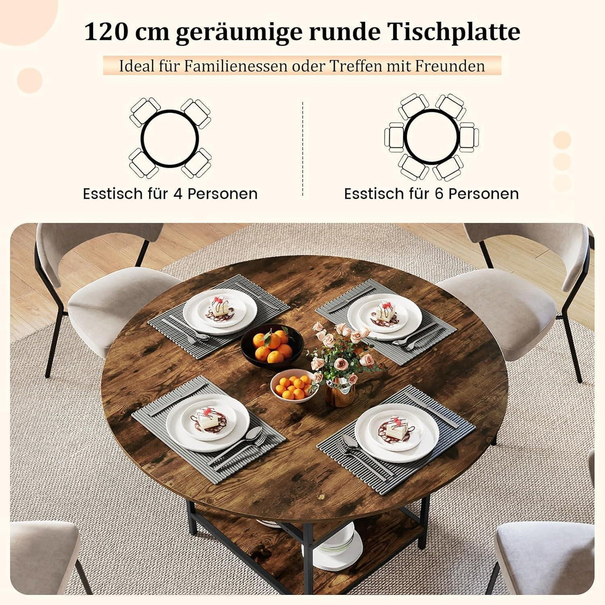 Runder Esstisch Holz 120cm mit Ablage & Metallbeinen – Vintage Braun
