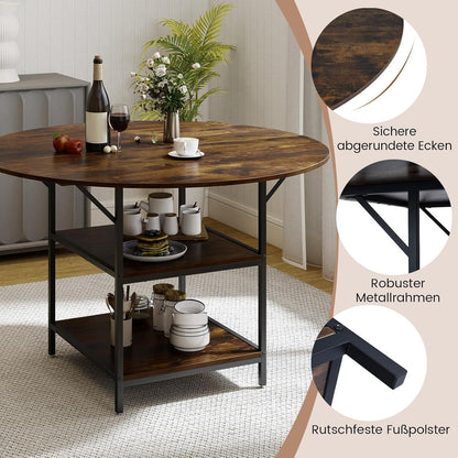 Runder Esstisch Holz 120cm mit Ablage & Metallbeinen – Vintage Braun