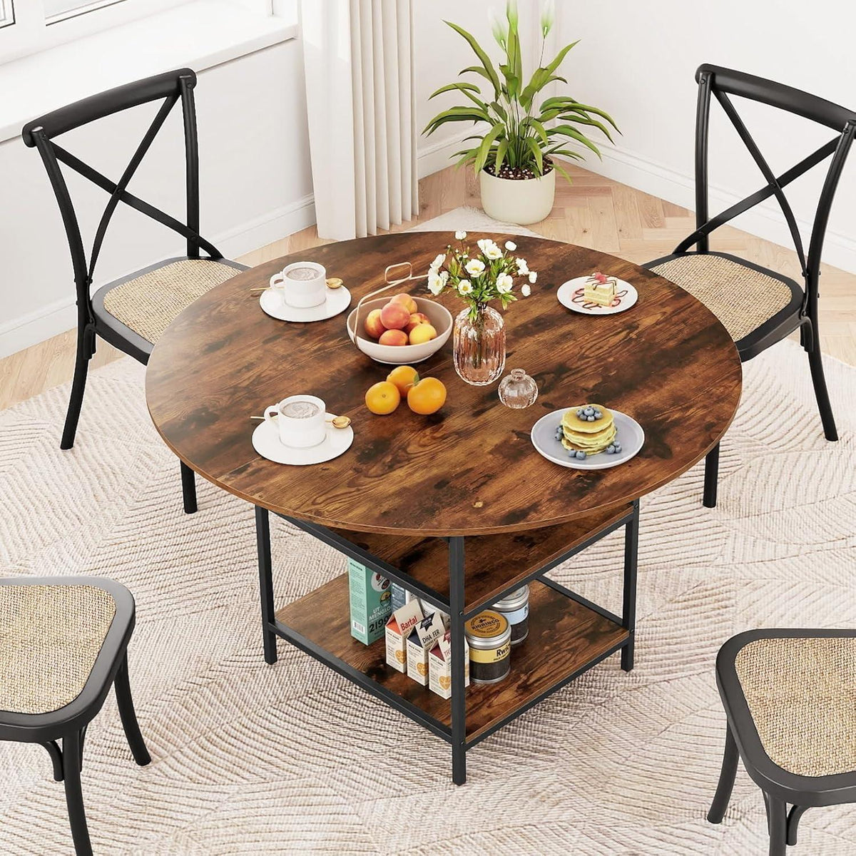 Runder Esstisch Holz 120cm mit Ablage & Metallbeinen – Vintage Braun