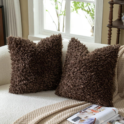 2x Kissenbezug 55x55 cm Schokoladenbraun Faux Pelz Bouclé