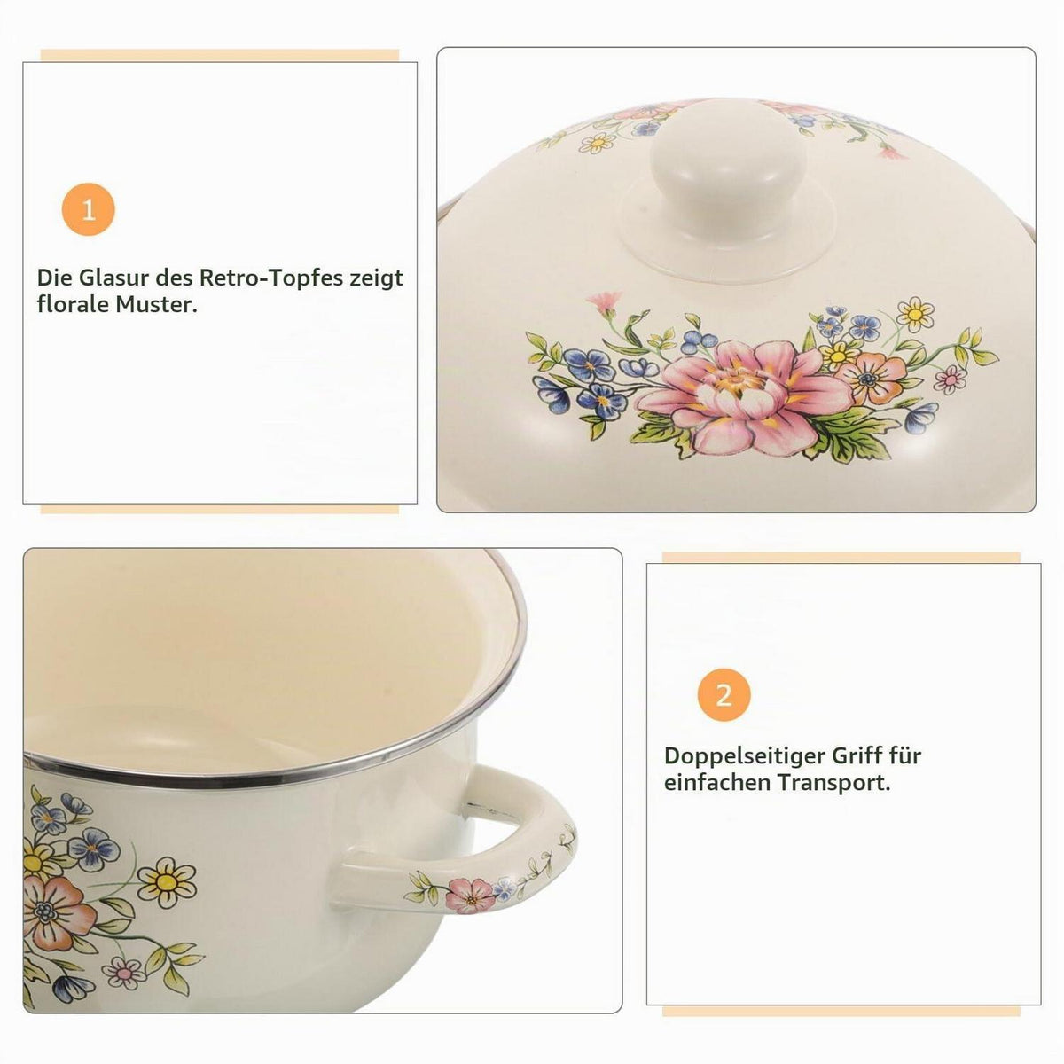 Emaille Kochtopf 1.6L mit Deckel – Vintage Rosen Muster