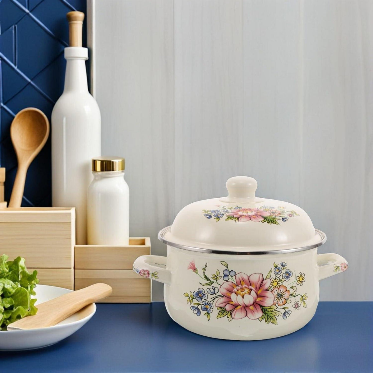 Emaille Kochtopf 1.6L mit Deckel – Vintage Rosen Muster