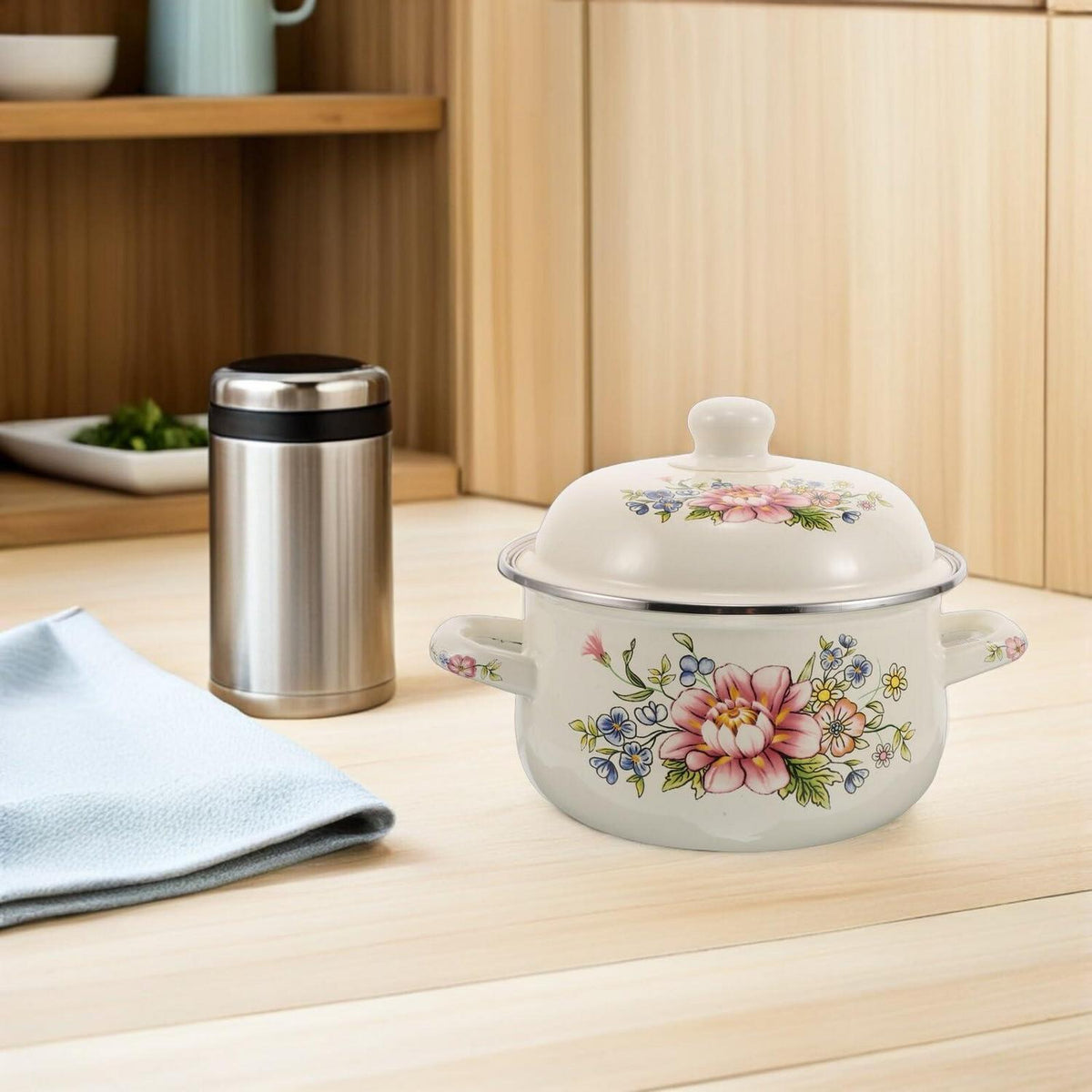 Emaille Kochtopf 1.6L mit Deckel – Vintage Rosen Muster