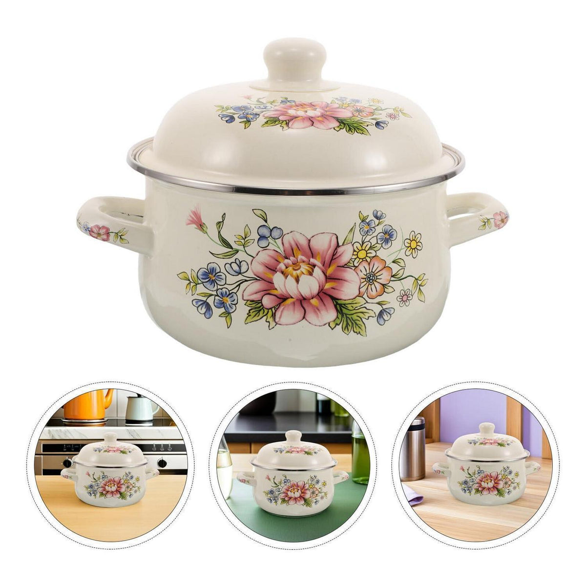 Emaille Kochtopf 1.6L mit Deckel – Vintage Rosen Muster