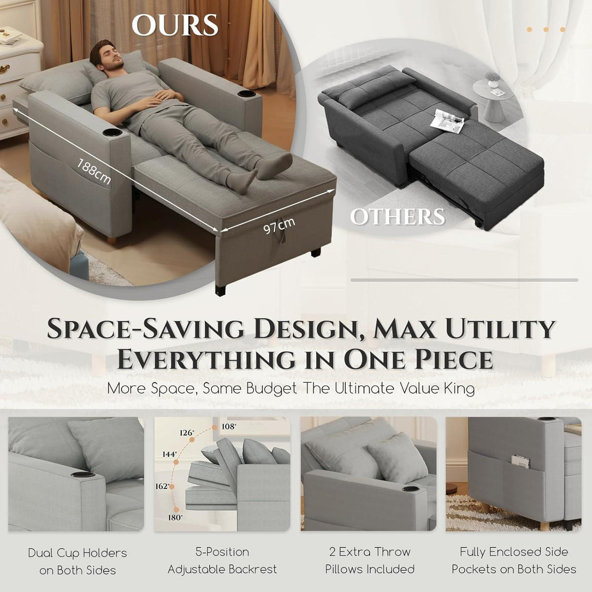 Extrabreites Schlafsofa 97cm – Schlafsessel mit Bettkasten & Getränkehalter