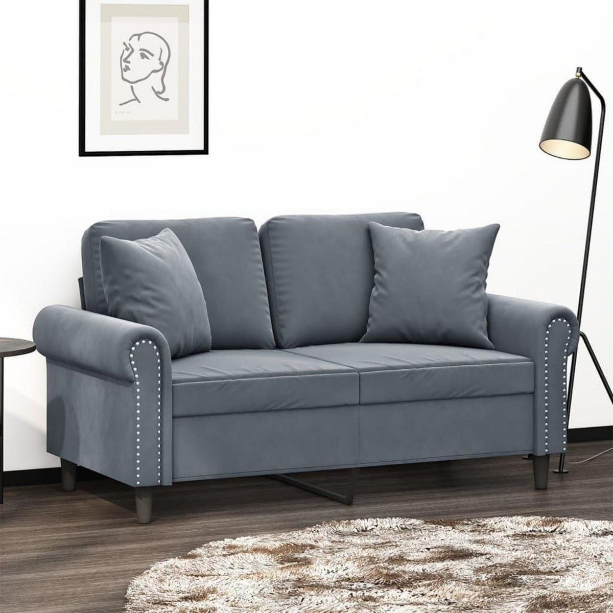 2-Sitzer Sofa Samt Dunkelgrau – Modernes Mini Sofa mit Kissen