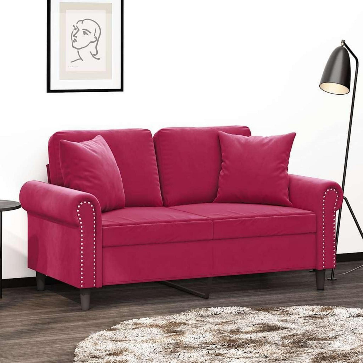2-Sitzer Sofa Samt Weinrot – Modernes Mini Sofa mit Kissen