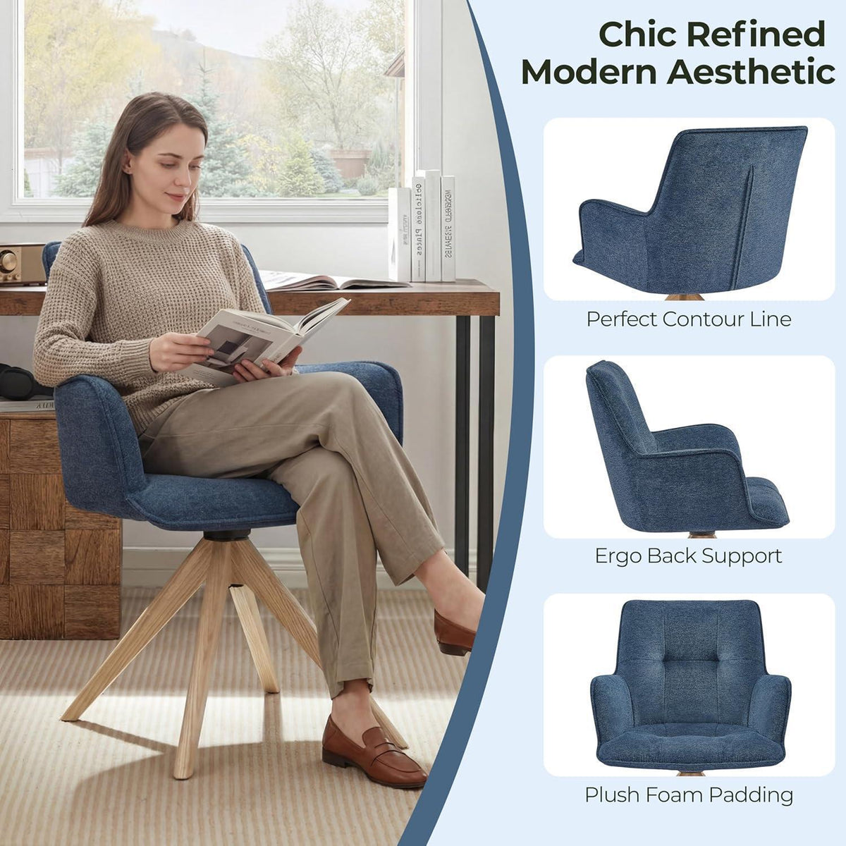 Drehbarer Sessel Blau Bouclé – Wohnzimmerstuhl mit Eichenholzbeinen