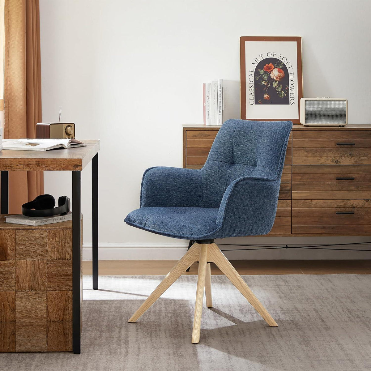 Drehbarer Sessel Blau Bouclé – Wohnzimmerstuhl mit Eichenholzbeinen