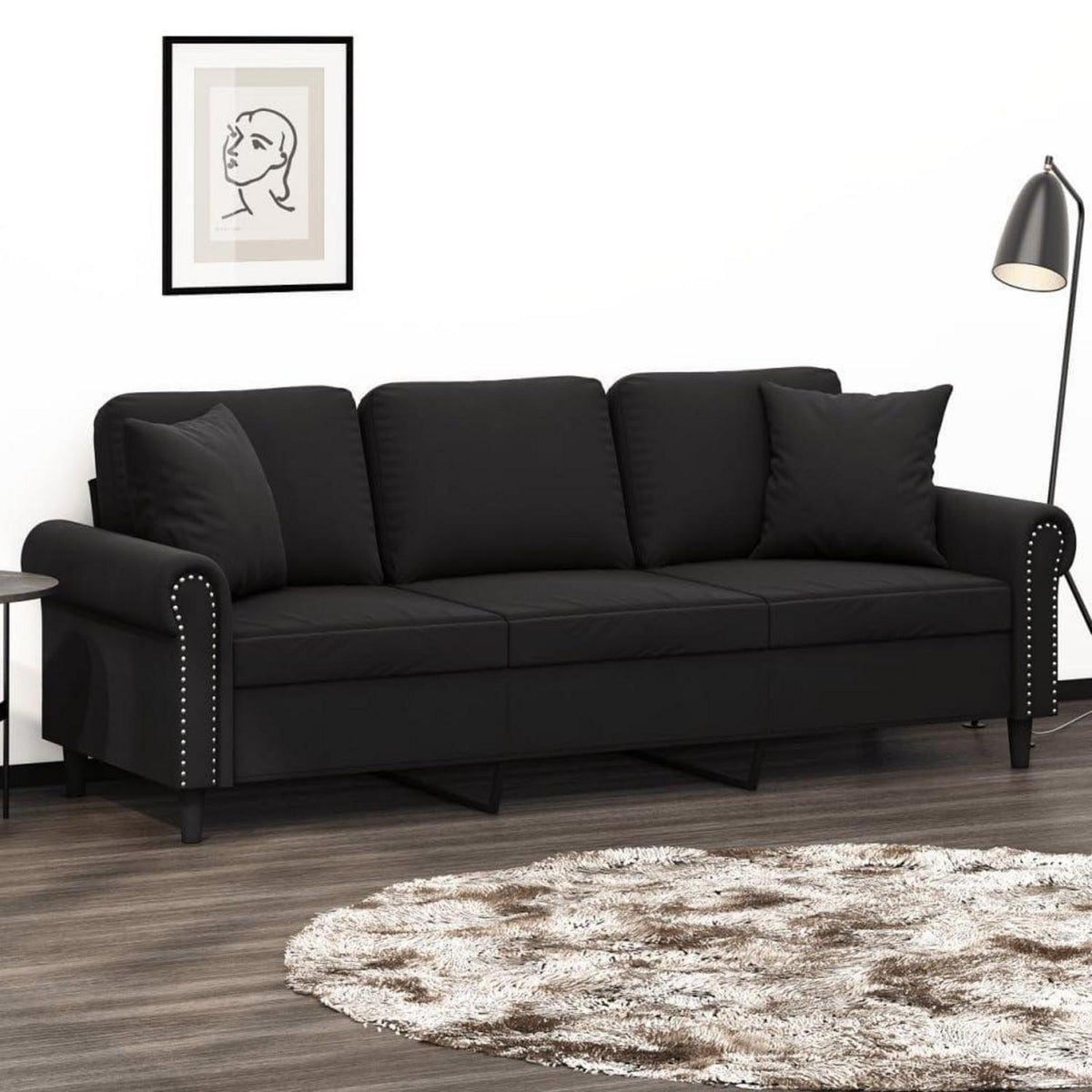 3-Sitzer Samtsofa Schwarz – Modernes Mini Sofa mit Kissen