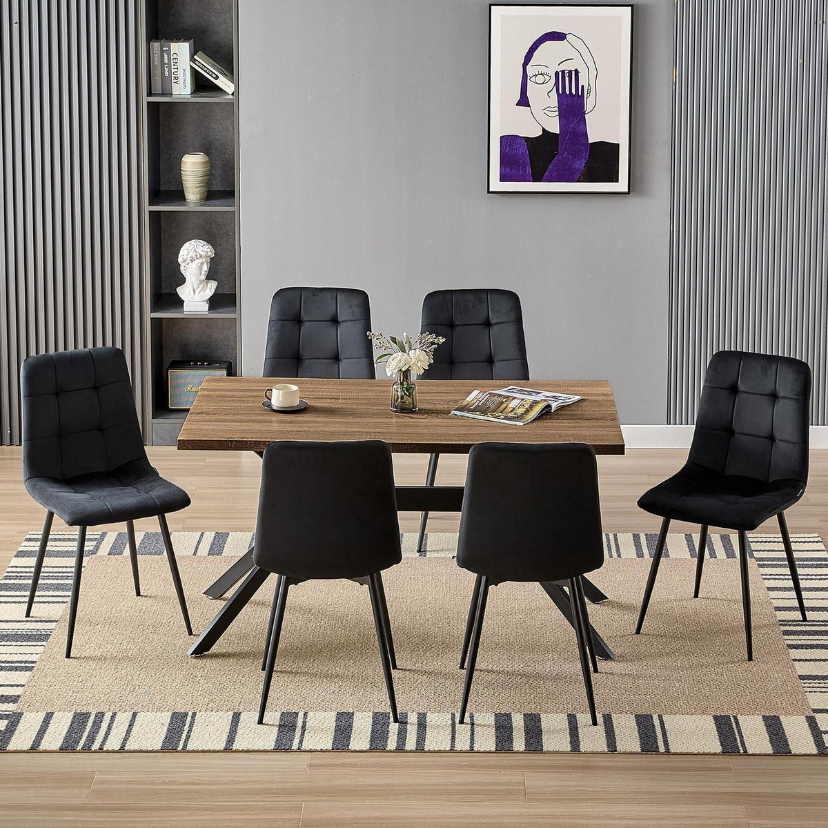 Esstisch Set Dunkelholz mit 6 Samtstühlen 140x80cm