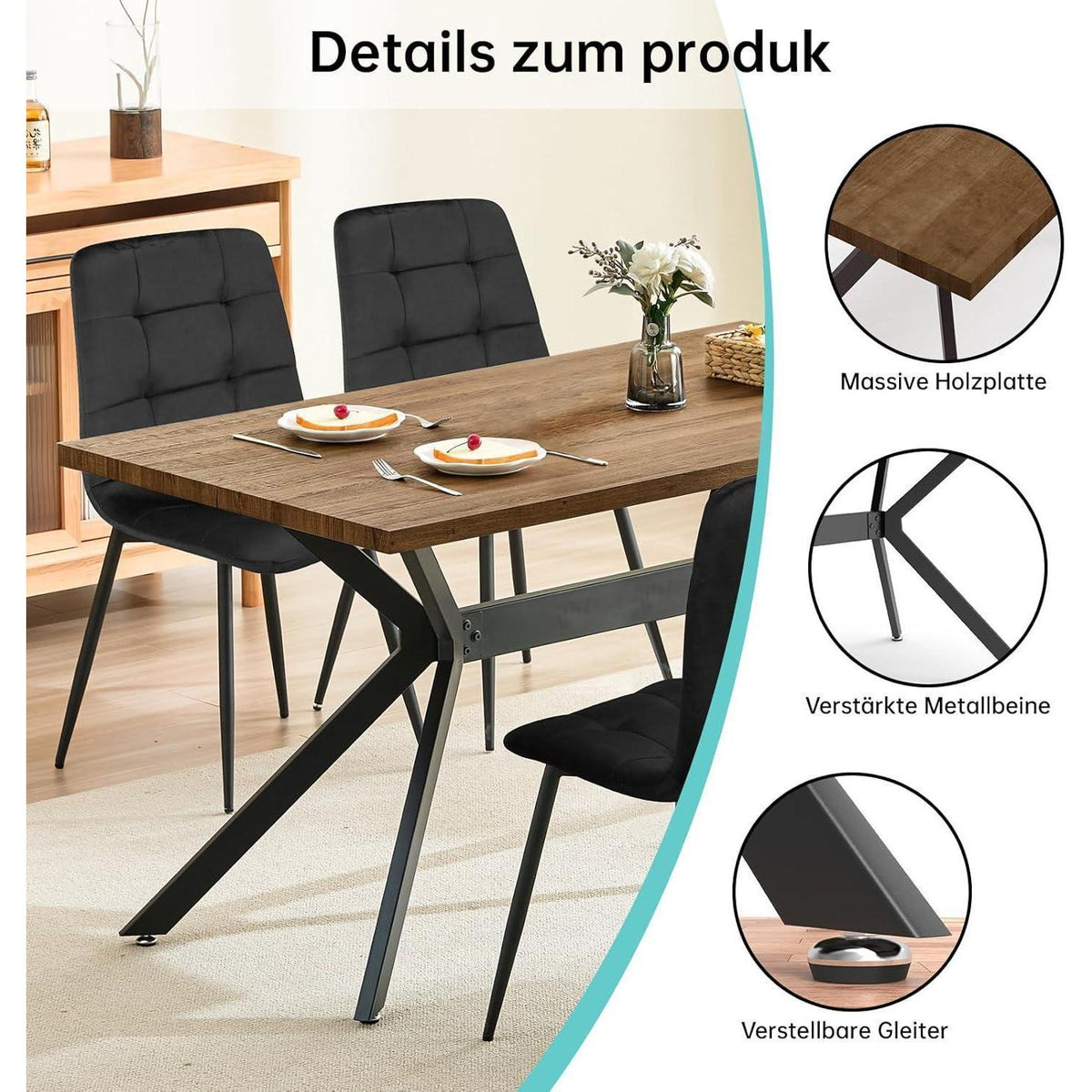 Esstisch Set Dunkelholz mit 6 Samtstühlen 140x80cm