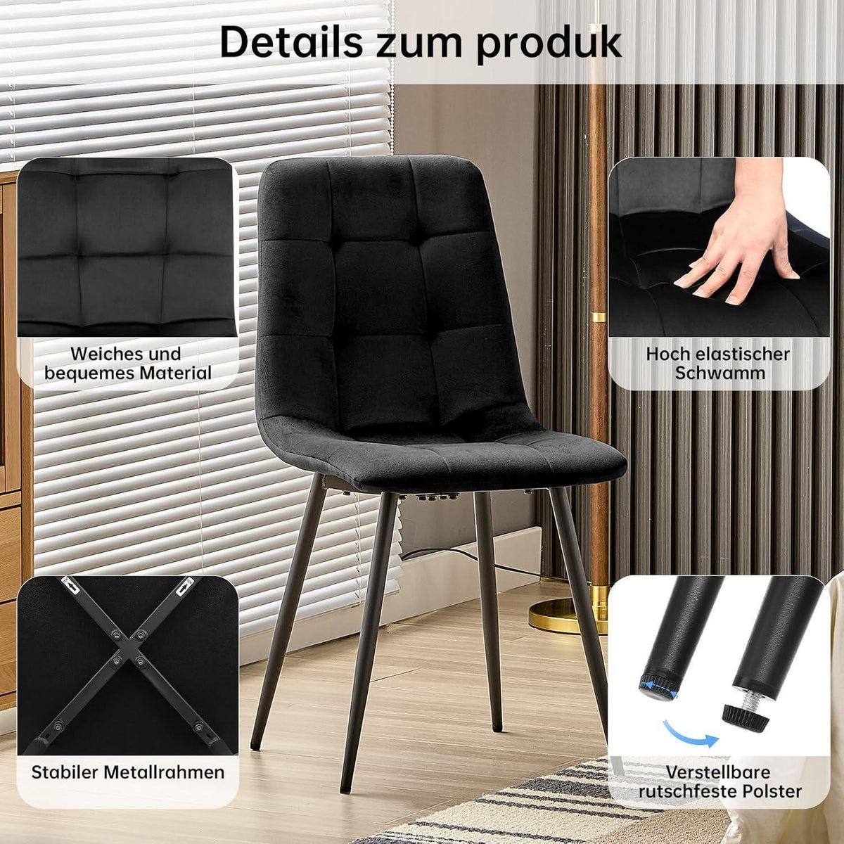 Esstisch Set Dunkelholz mit 6 Samtstühlen 140x80cm