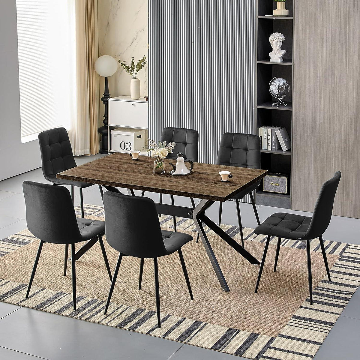Esstisch Set Dunkelholz mit 6 Samtstühlen 140x80cm