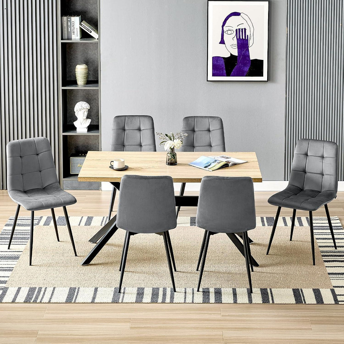 Esstisch Set mit 6 Samtstühlen – Helles Holz 140x80cm