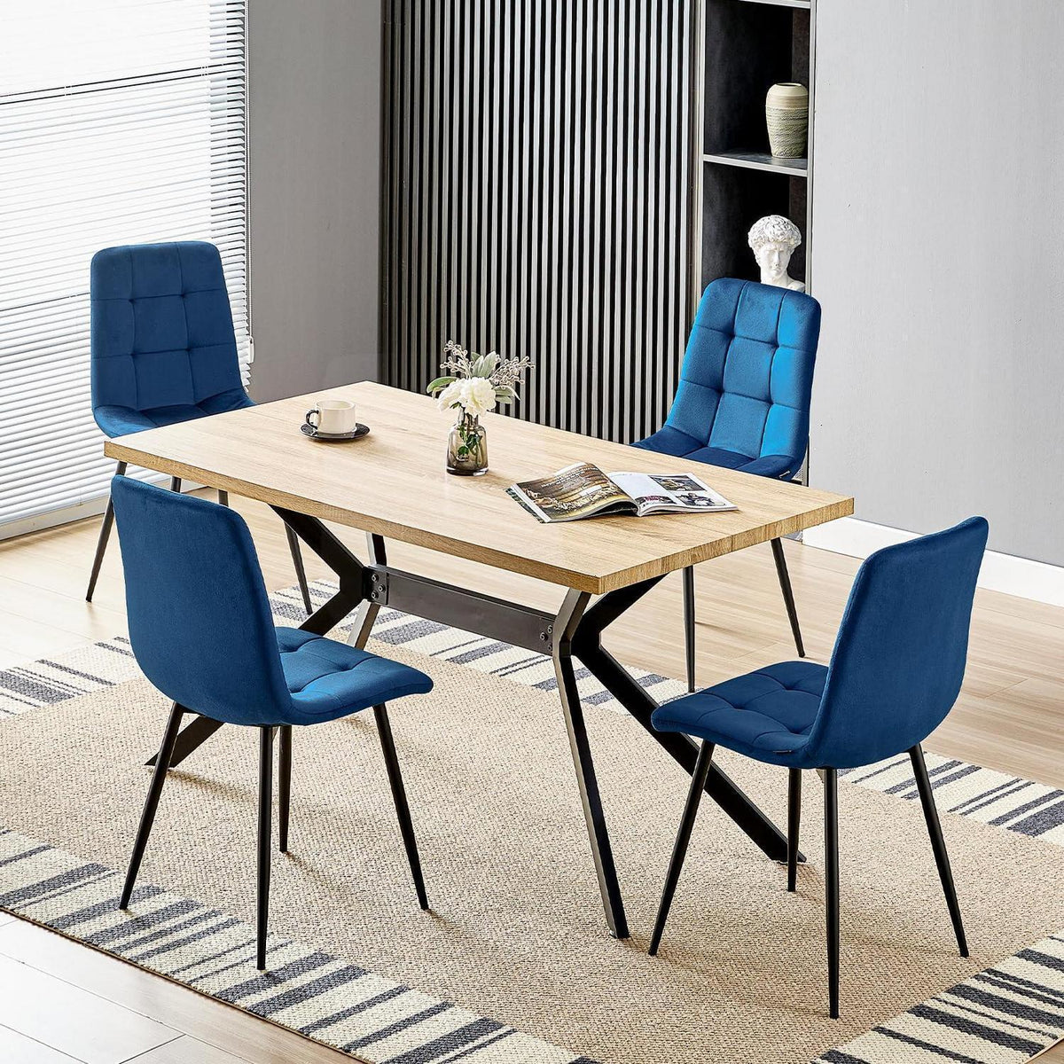 Esstisch Set mit 4 Samtstühlen – 140x80cm Holz Küchentisch