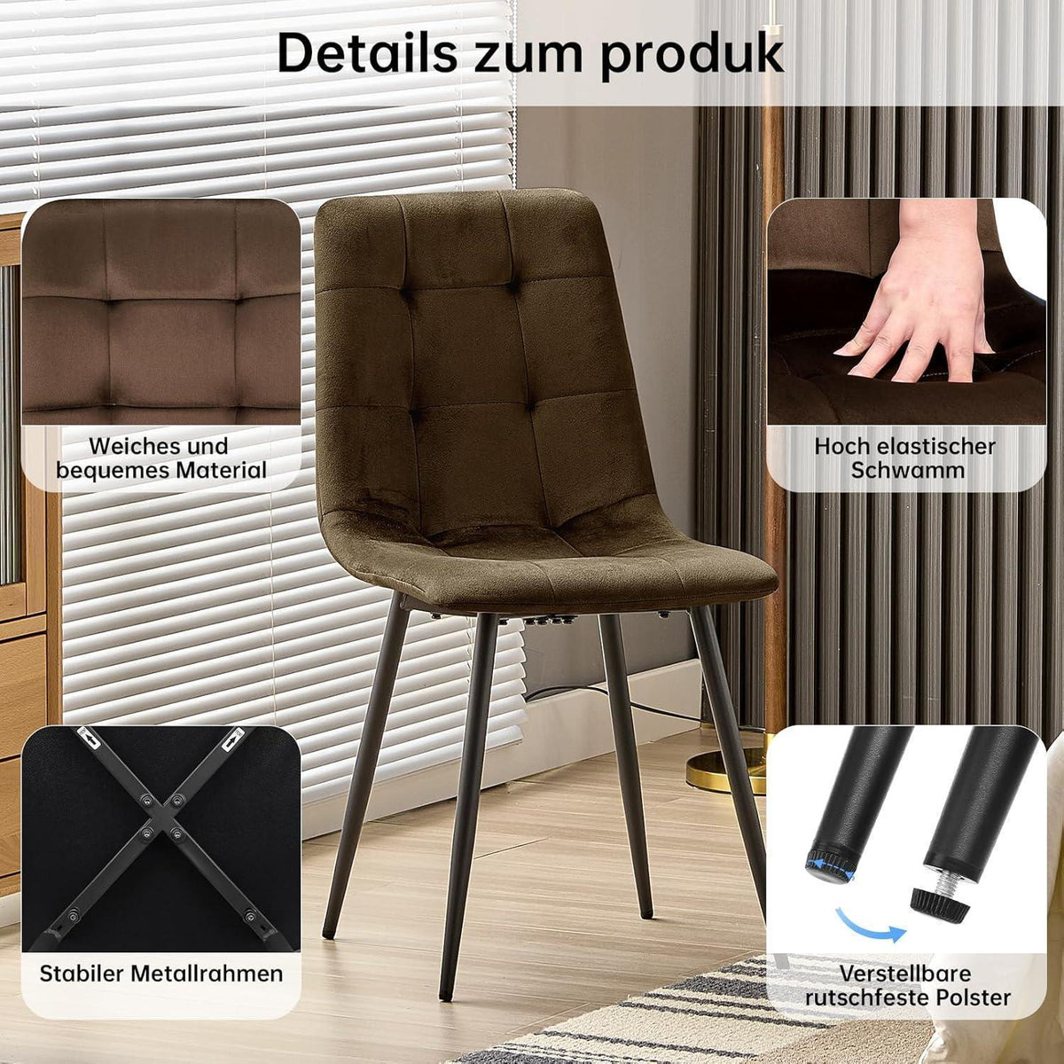 Esstisch Set Dunkelholz mit 6 Samtstühlen 140x80cm