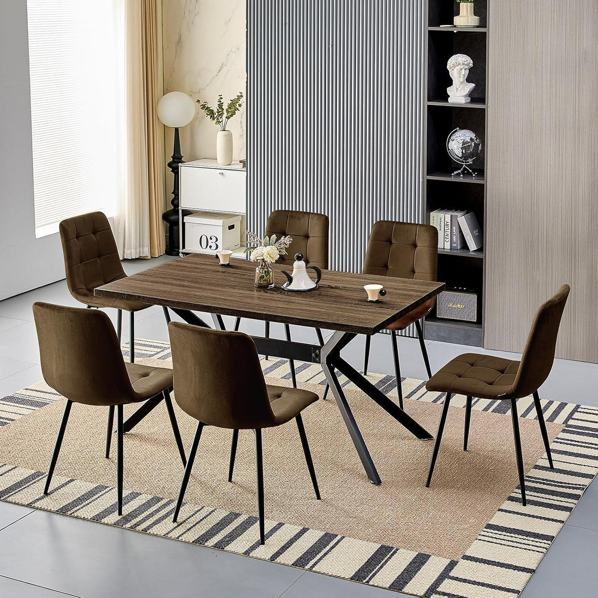 Esstisch Set Dunkelholz mit 6 Samtstühlen 140x80cm