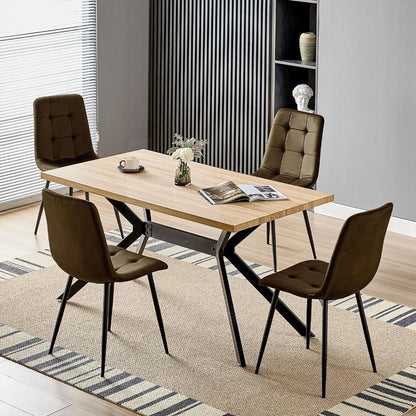 Esstisch Set mit 4 Samtstühlen – Helles Holz 140x80cm