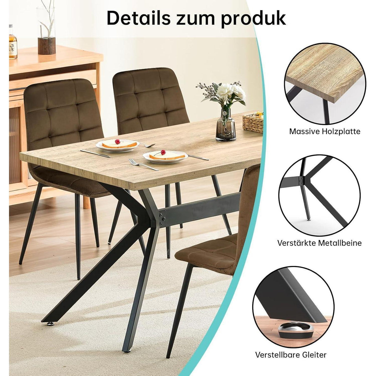 Esstisch Set mit 4 Samtstühlen – Helles Holz 140x80cm