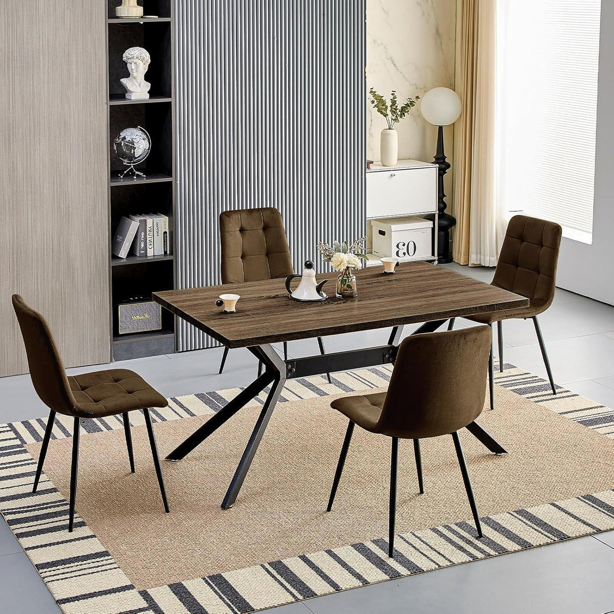 Esstisch Set Dunkelholz mit 4 Samtstühlen 140x80cm