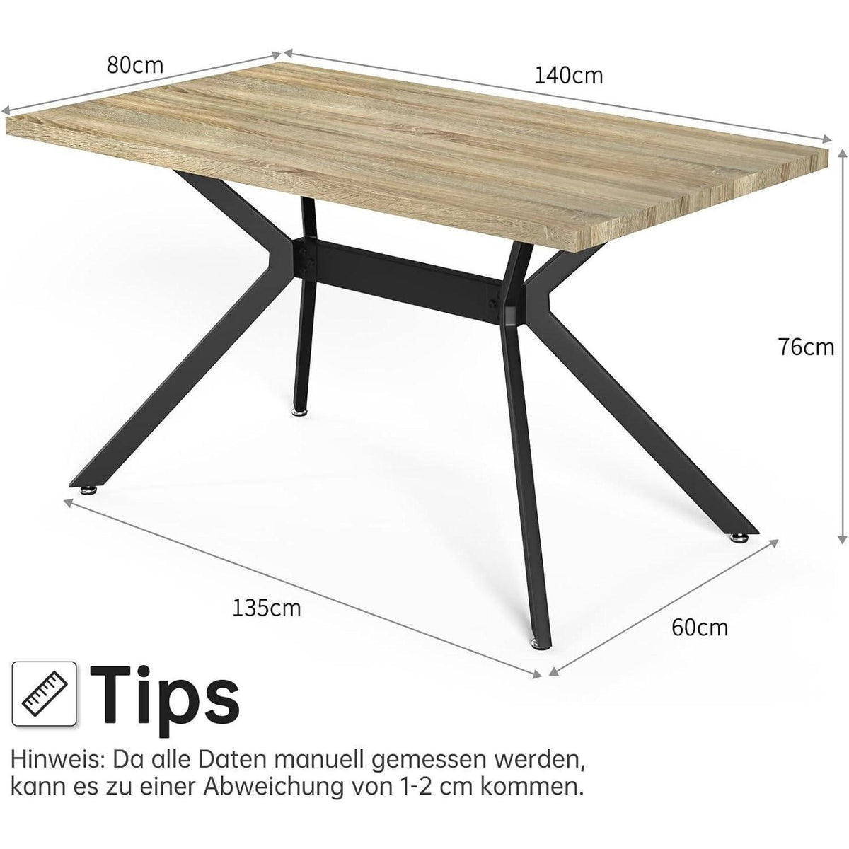 Esstisch mit 6 Samtstühlen – Helles Holz 140x80cm
