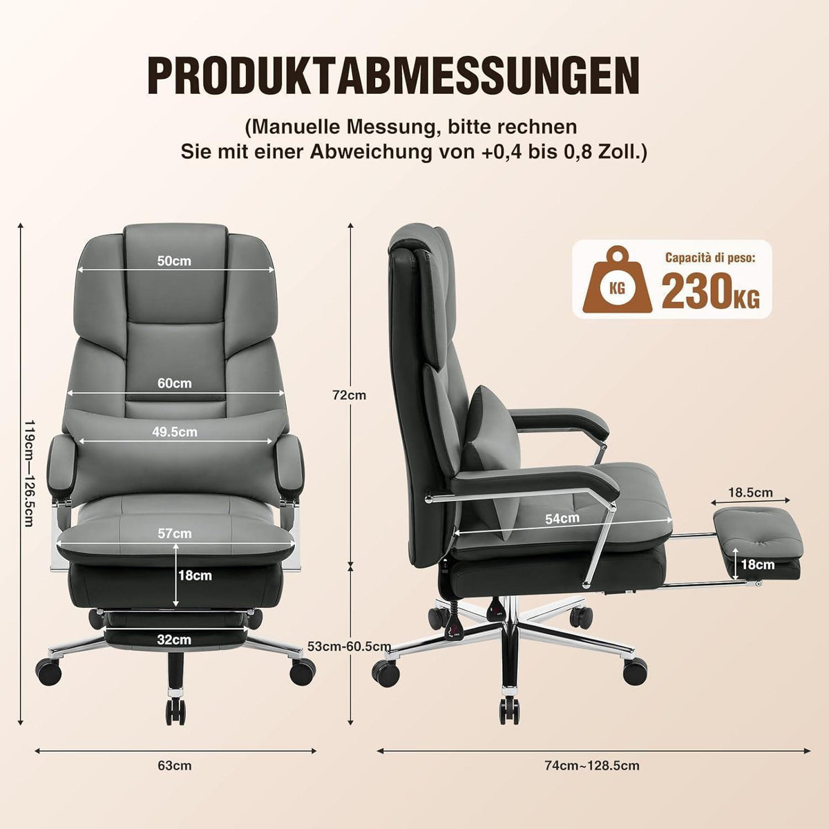 Ergonomischer Bürostuhl mit Fußstütze & Lendenwirbelstütze, Grau