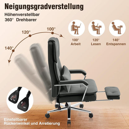 Ergonomischer Bürostuhl mit Fußstütze & Lendenwirbelstütze, Grau