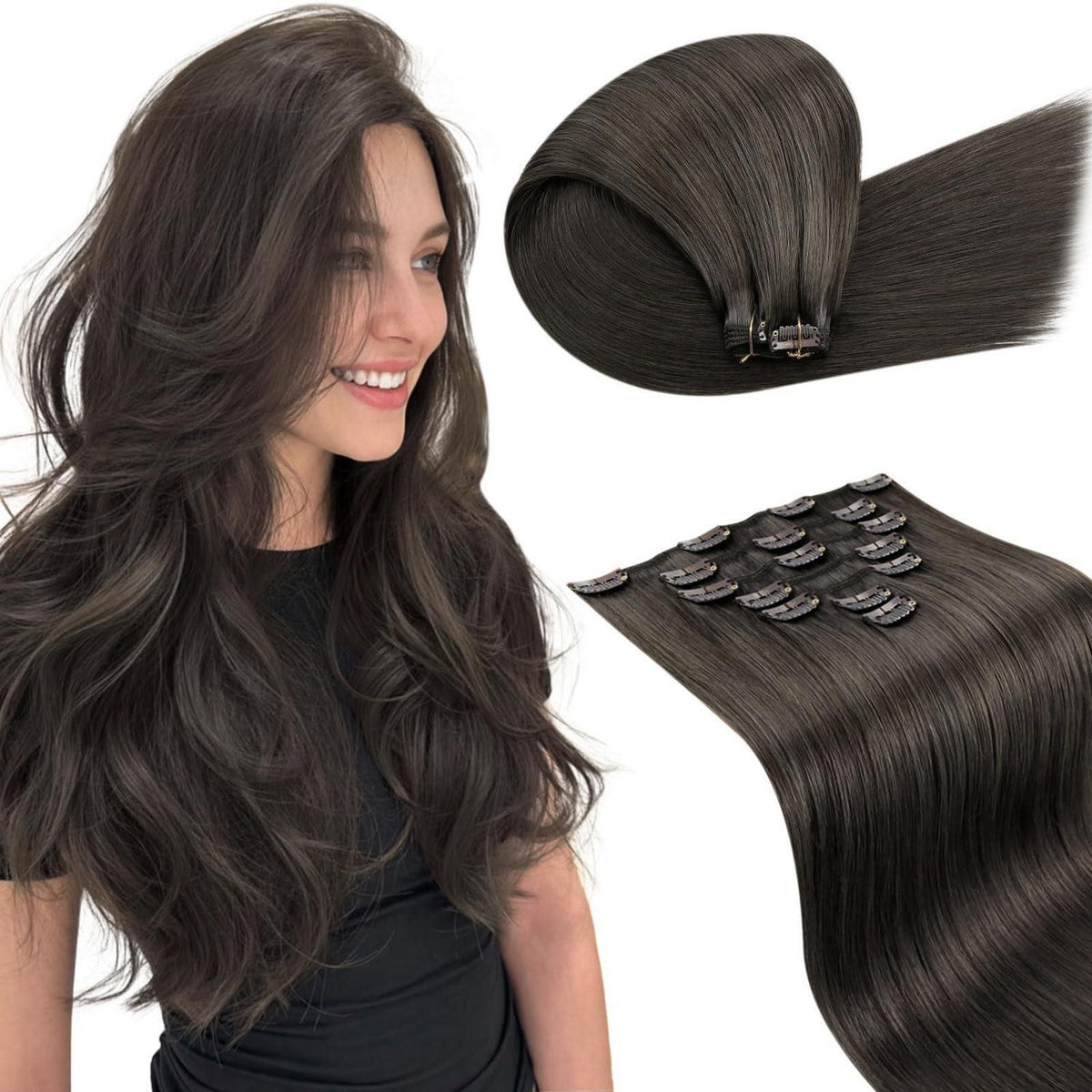 Echthaar Clip-Ins Braun mit Highlights – Voller Kopf 45cm