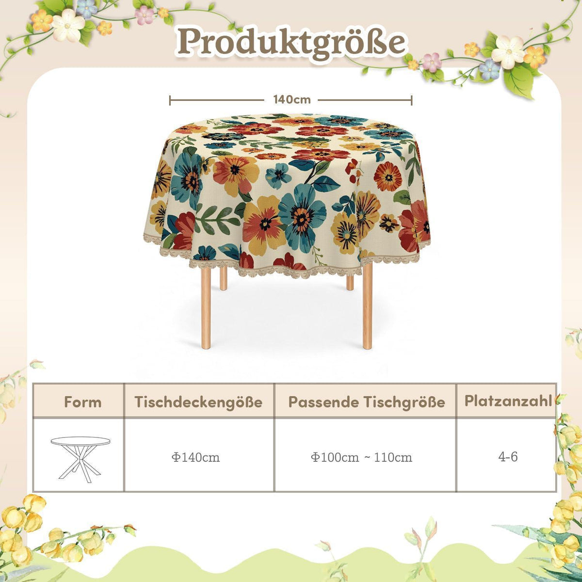 Runde Tischdecke 140 cm Vintage Wildblume | Wetterfest & Abwaschbar
