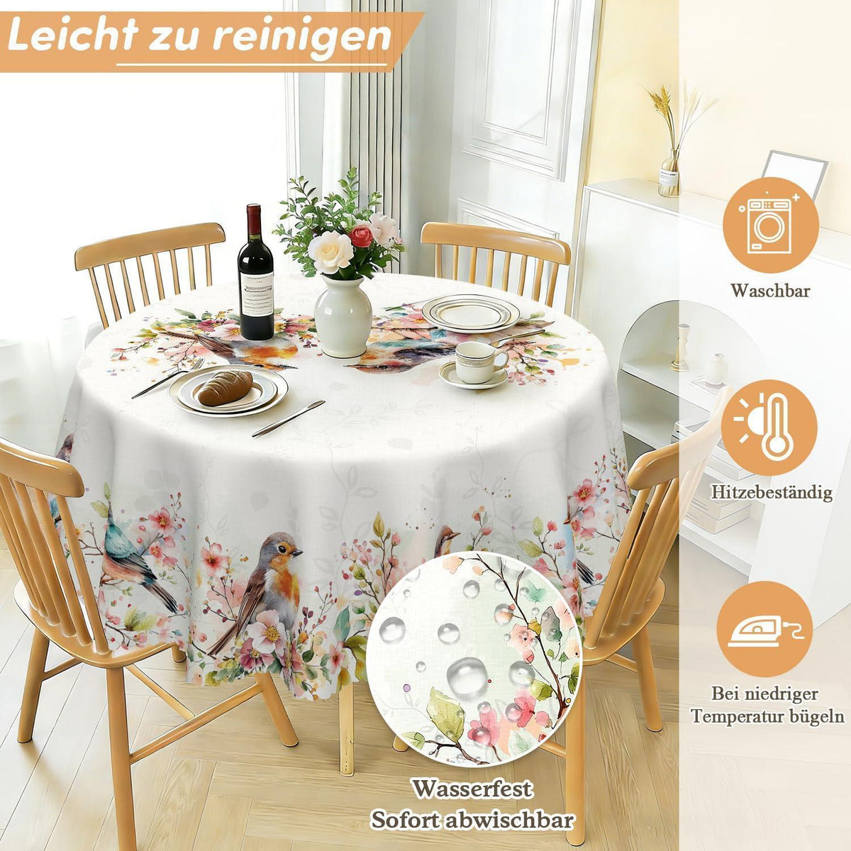 Runde Tischdecke 120 cm – Wetterfest & Abwaschbar mit Vogelmuster