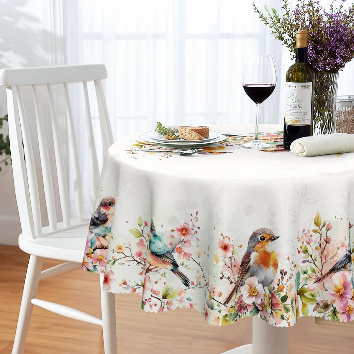 Runde Tischdecke 120 cm – Wetterfest & Abwaschbar mit Vogelmuster