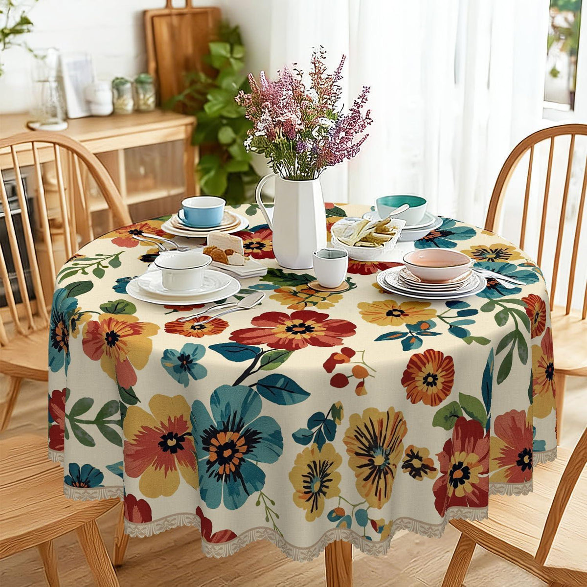 Runde Tischdecke 160 cm – Wetterfest & Vintage Wildblume