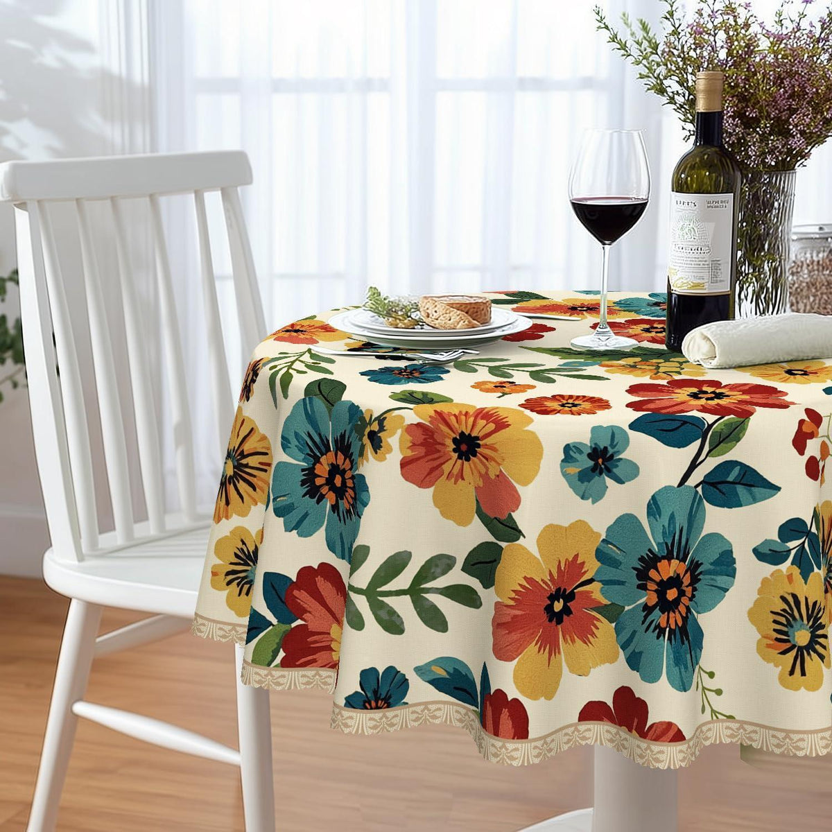 Runde Tischdecke 160 cm – Wetterfest & Vintage Wildblume