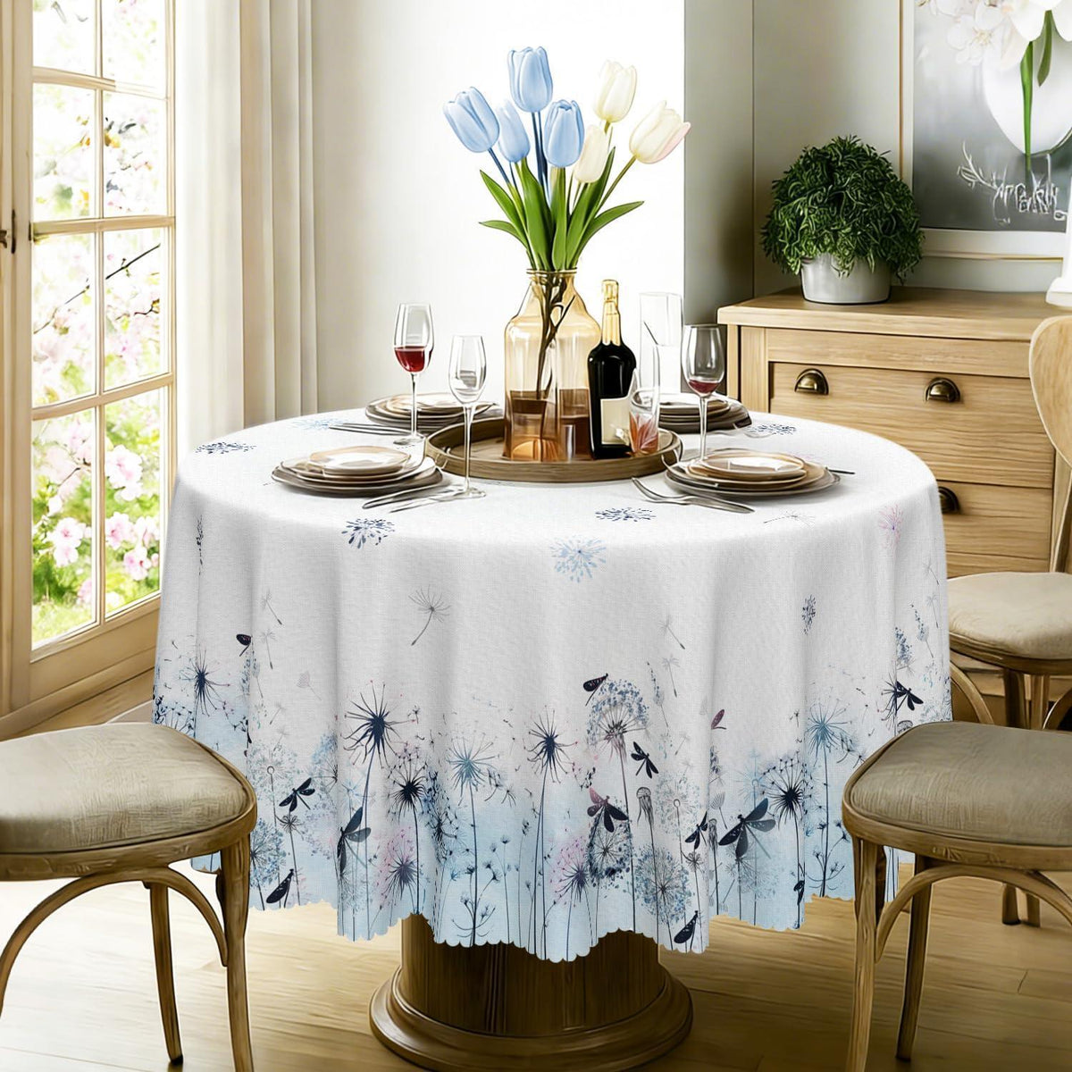 Runde Tischdecke 160 cm – Wetterfest & Löwenzahn Floral