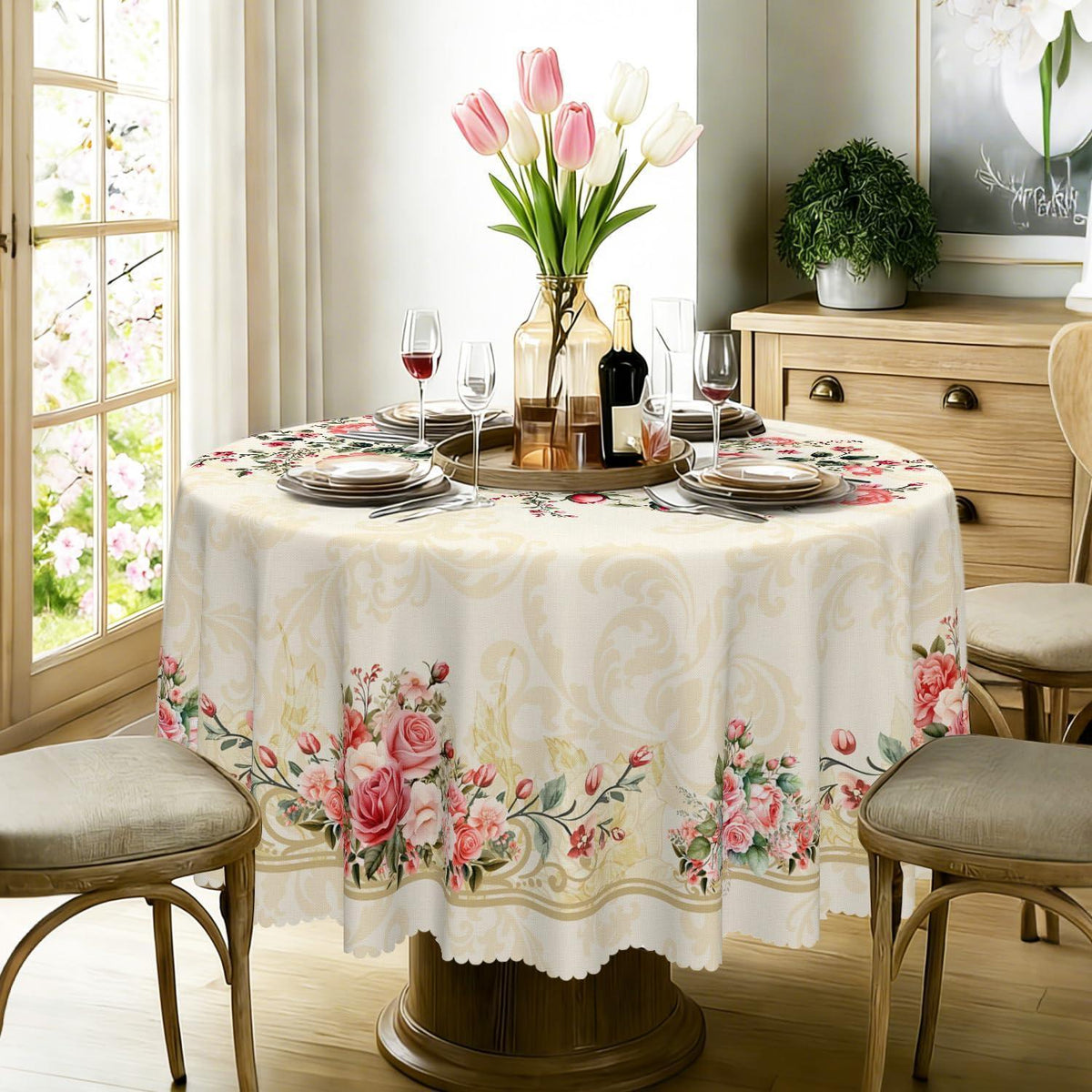 Runde Tischdecke 160 cm Rosenmuster – Wetterfest & Abwaschbar
