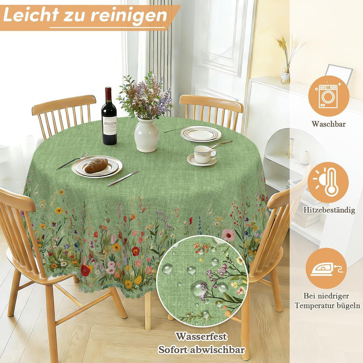 Runde Tischdecke 140 cm – Wetterfest & Grün Blumenmuster