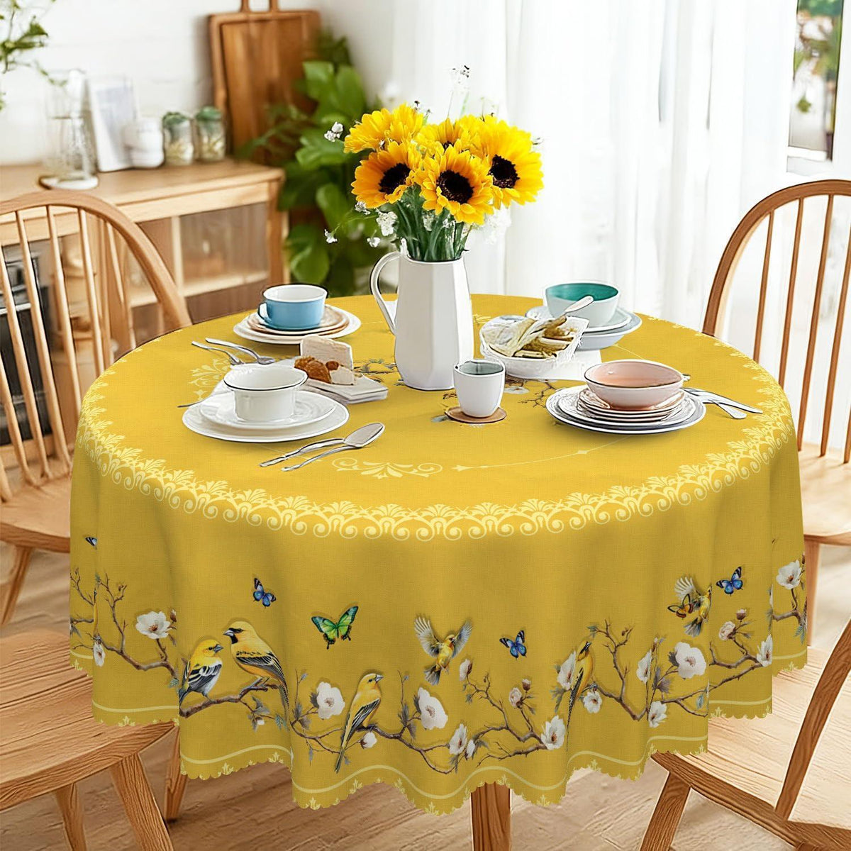 Runde Tischdecke 140 cm – Wetterfest & Goldene Vögel Muster