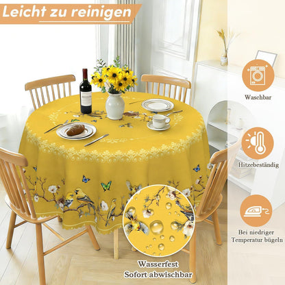 Runde Tischdecke 140 cm – Wetterfest & Goldene Vögel Muster