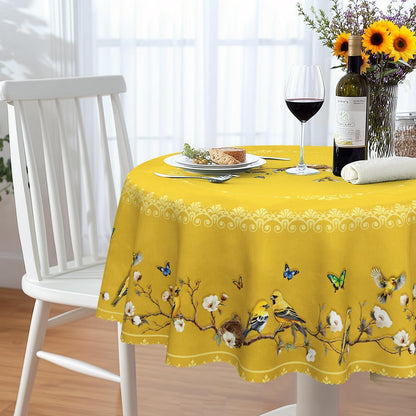 Runde Tischdecke 140 cm – Wetterfest & Goldene Vögel Muster