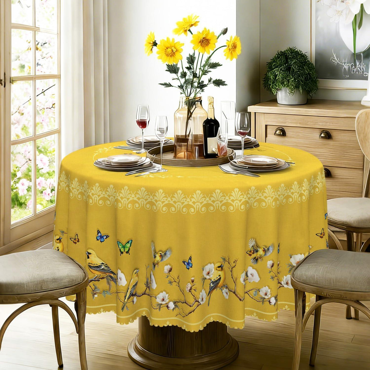 Runde Tischdecke 140 cm – Wetterfest & Goldene Vögel Muster