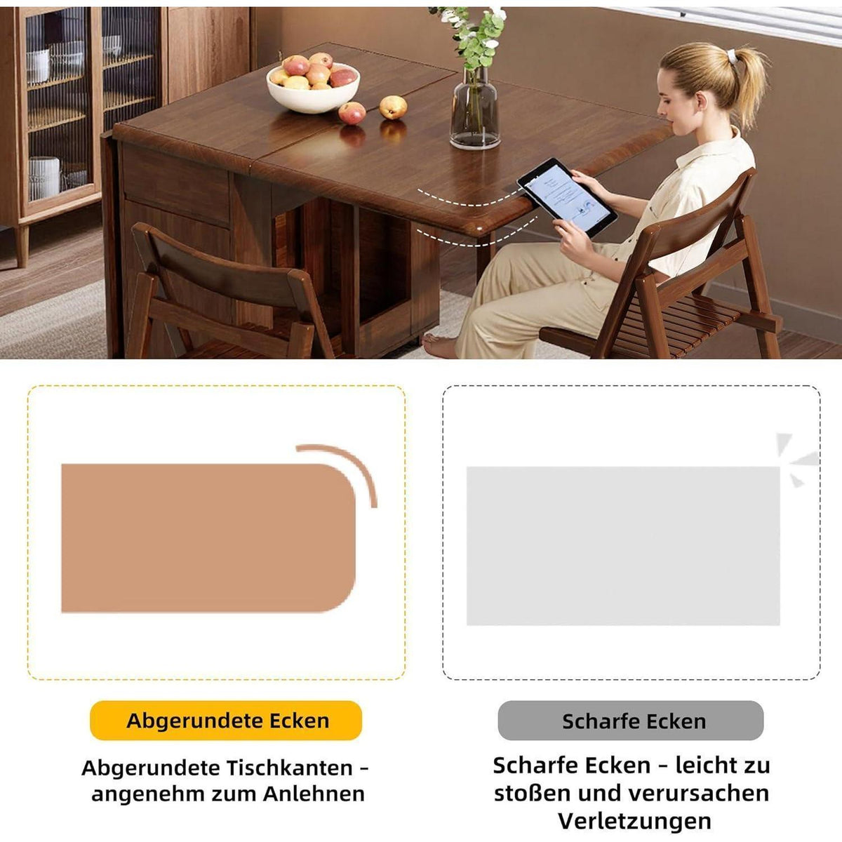 Ausziehbarer Esstisch Nussbaum mit Stauraum & Rollen