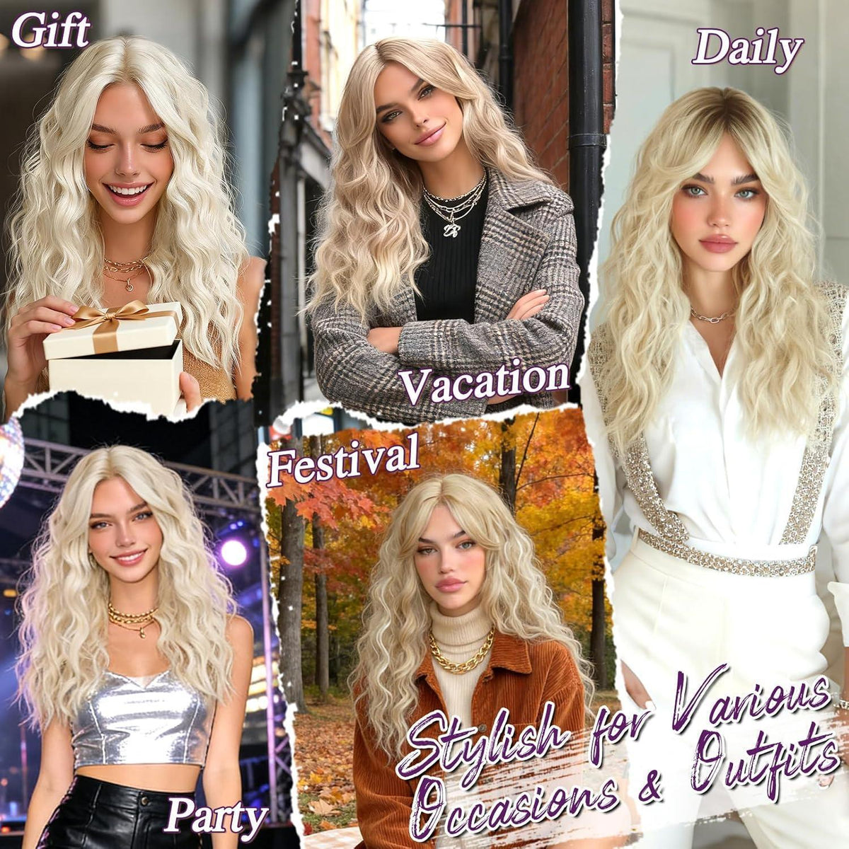 Blond Highlight Welle Perücke – Mittel Lang, 50cm, Synthetisch