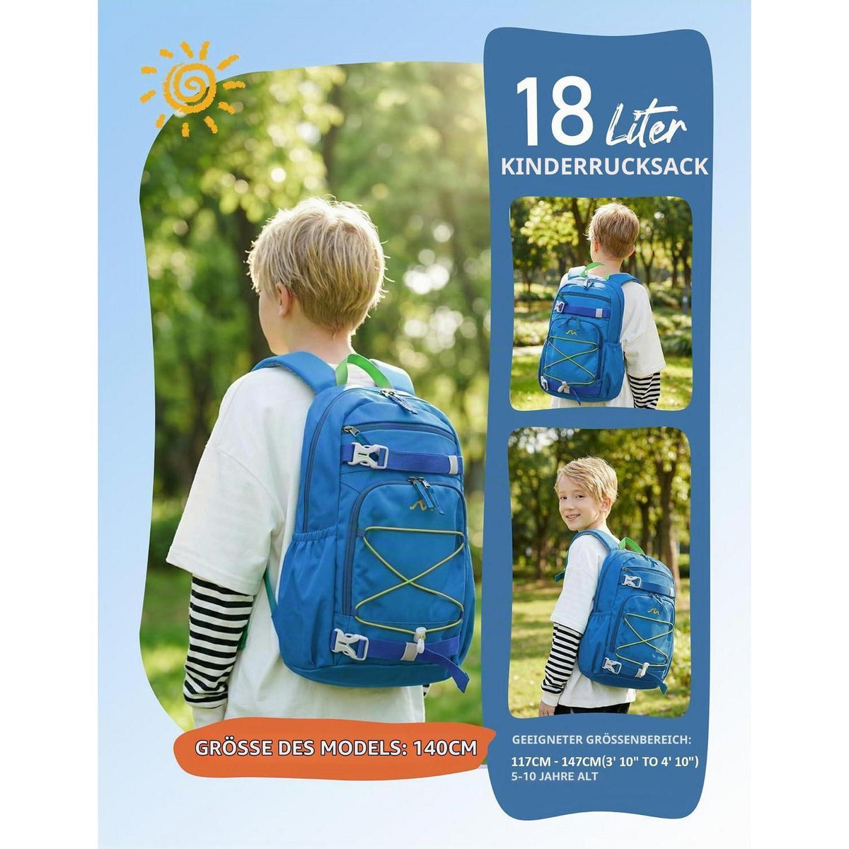 Kinderrucksack 18L – Dunkelblau für Schule & Wanderungen
