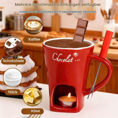 Schokofondue Tasse Set mit Gabel & 6 Teelichtern – Keramik